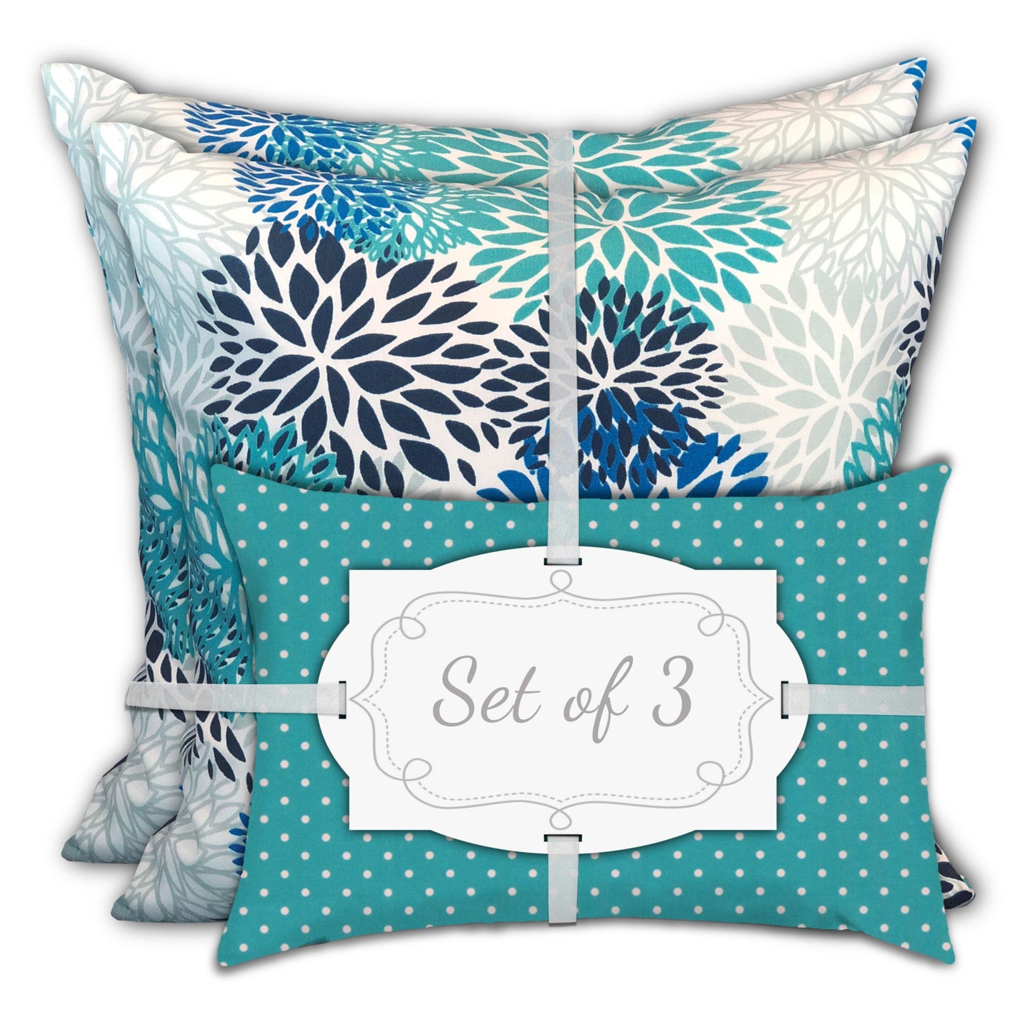 Set Of Three 18" X 18" Blue And White Blown Seam Floral Throw Indoor Outdoor Pillow