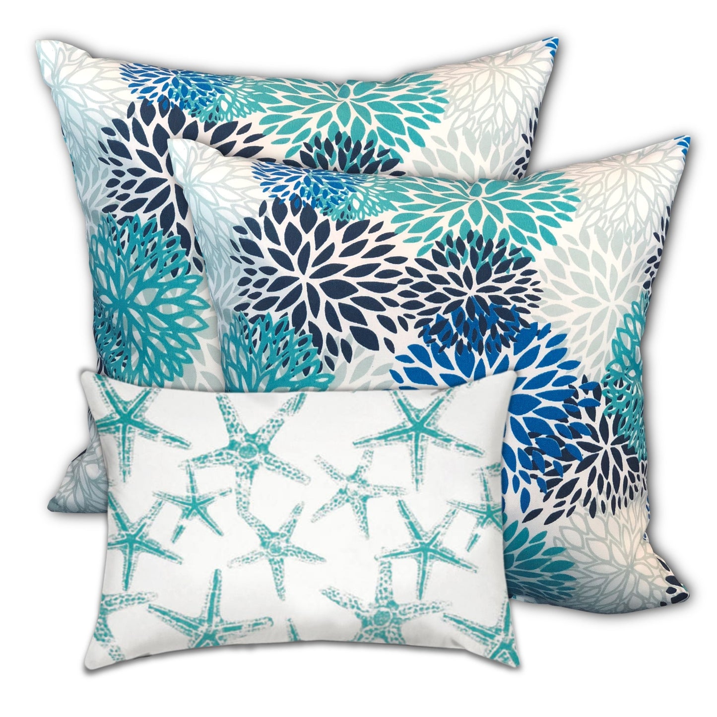 Set Of Three 18" X 18" Blue And White Zippered Floral Throw Indoor Outdoor Pillow