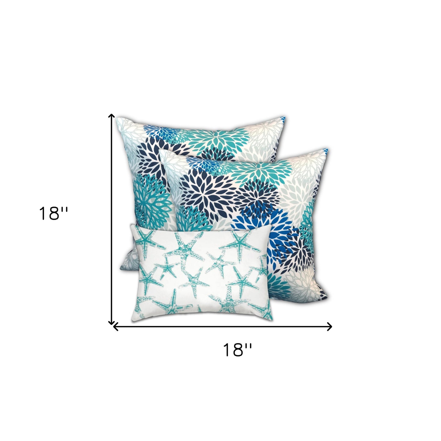 Set Of Three 18" X 18" Blue And White Zippered Floral Throw Indoor Outdoor Pillow
