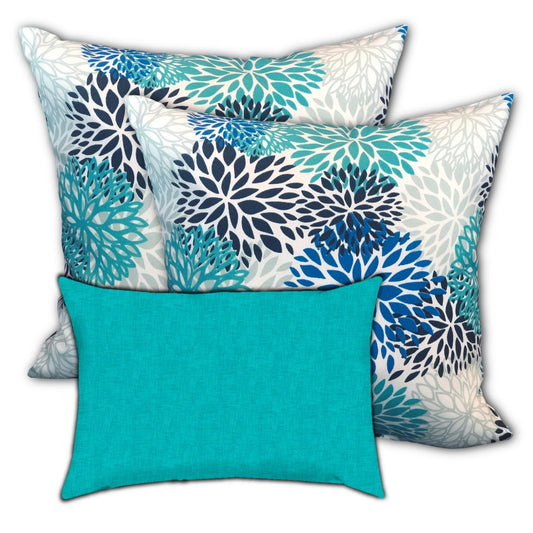 Set Of Three 18" X 18" Blue And White Zippered Floral Throw Indoor Outdoor Pillow