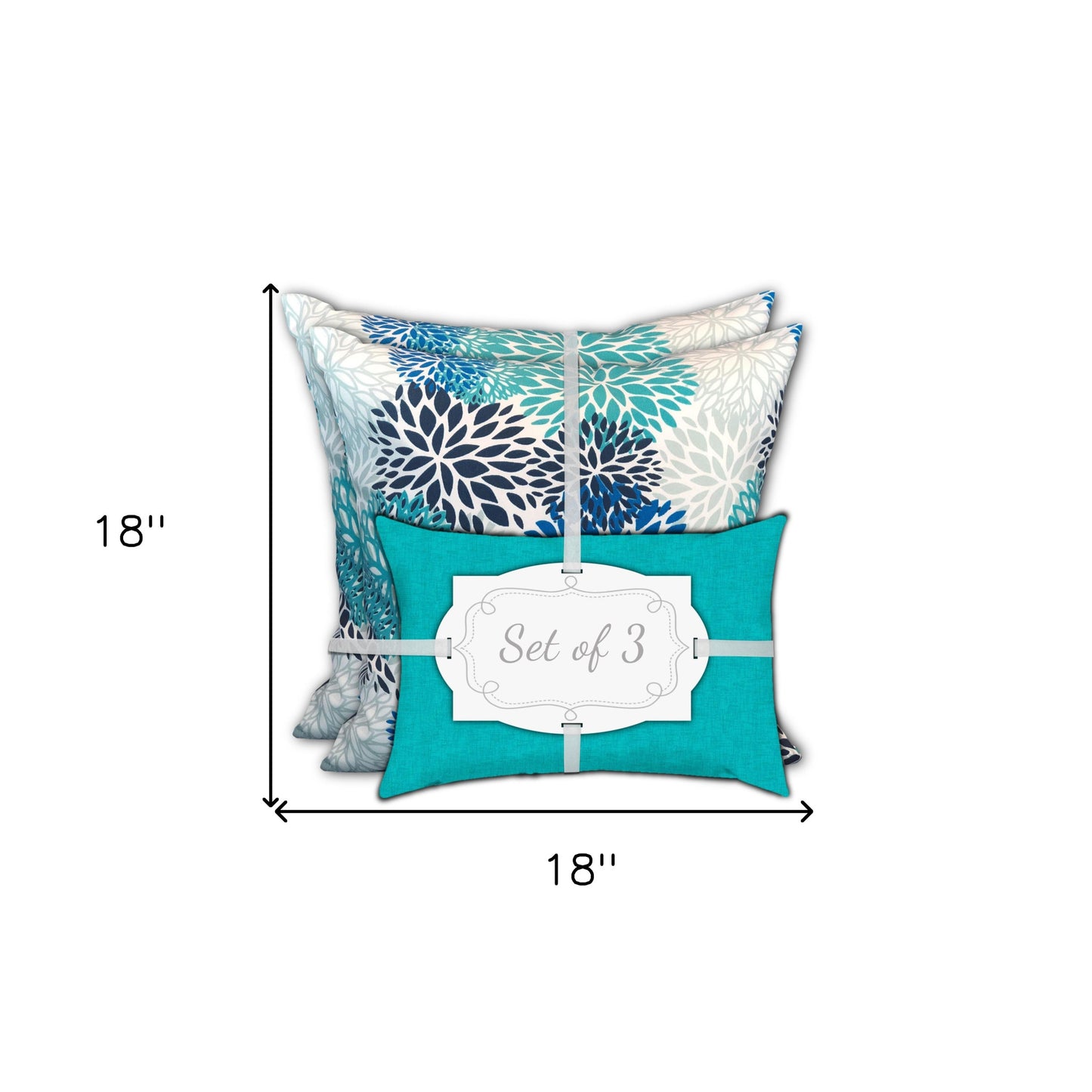 Set Of Three 18" X 18" Blue And White Zippered Floral Throw Indoor Outdoor Pillow