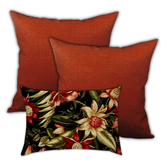 Set Of Three 18" X 18" Black And Red Zippered Floral Throw Indoor Outdoor Pillow