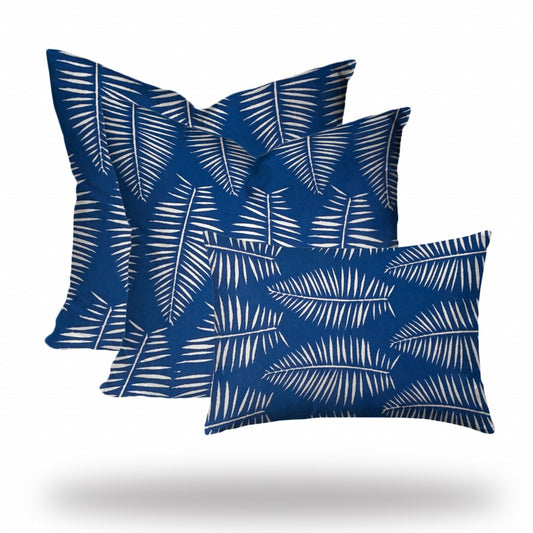 Set Of Three 20" X 20" Blue And White Blown Seam Coastal Throw Indoor Outdoor Pillow