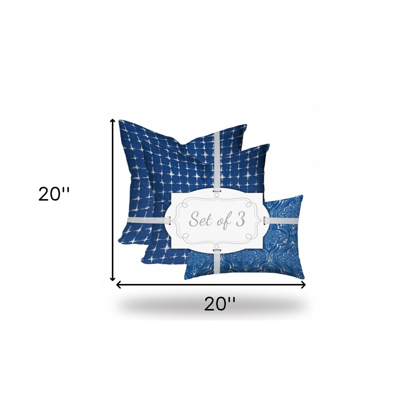 Set Of Three 20" X 20" Blue And White Blown Seam Gingham Throw Indoor Outdoor Pillow