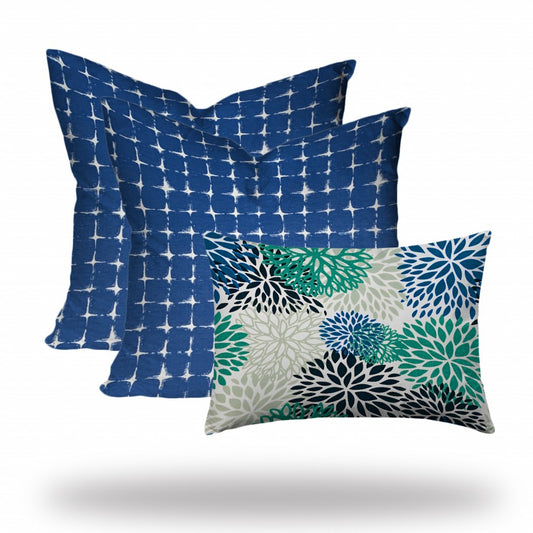Set Of Three 20" X 20" Blue And White Zippered Floral Throw Indoor Outdoor Pillow