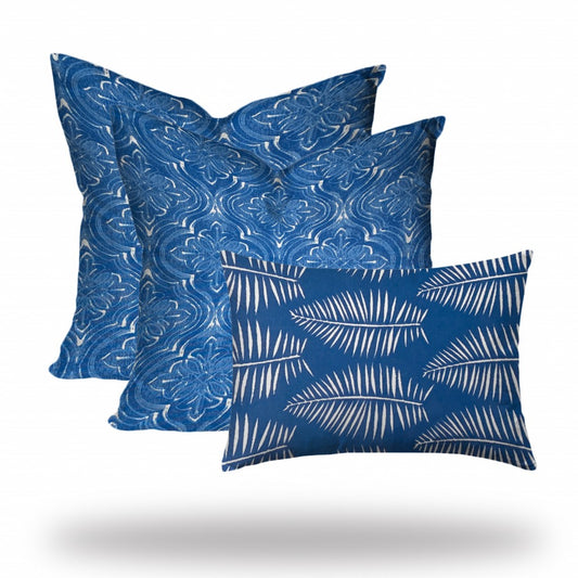 Set Of Three 20" X 20" Blue And White Zippered Coastal Throw Indoor Outdoor Pillow