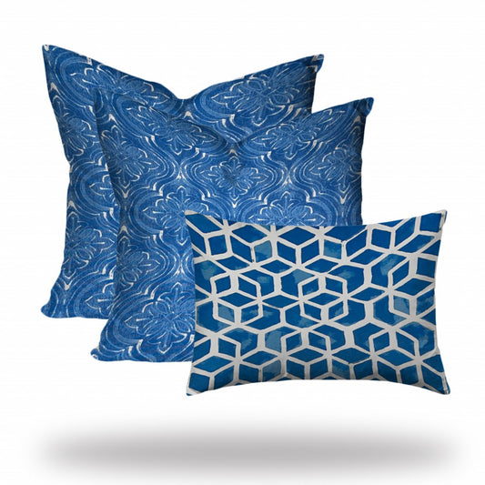 Set Of Three 20" X 20" Blue And White Enveloped Coastal Throw Indoor Outdoor Pillow Cover