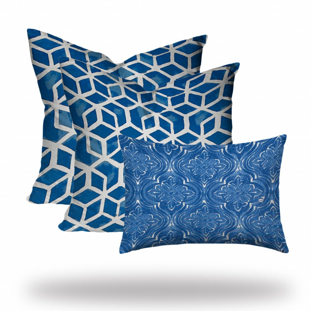 Set Of Three 20" X 20" Blue And White Enveloped Geometric Throw Indoor Outdoor Pillow