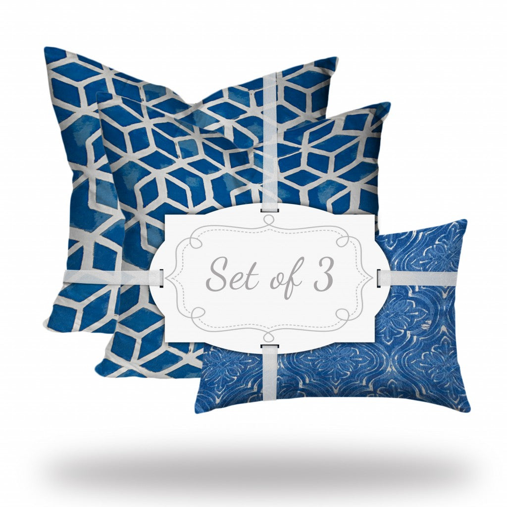 Set Of Three 20" X 20" Blue And White Enveloped Geometric Throw Indoor Outdoor Pillow