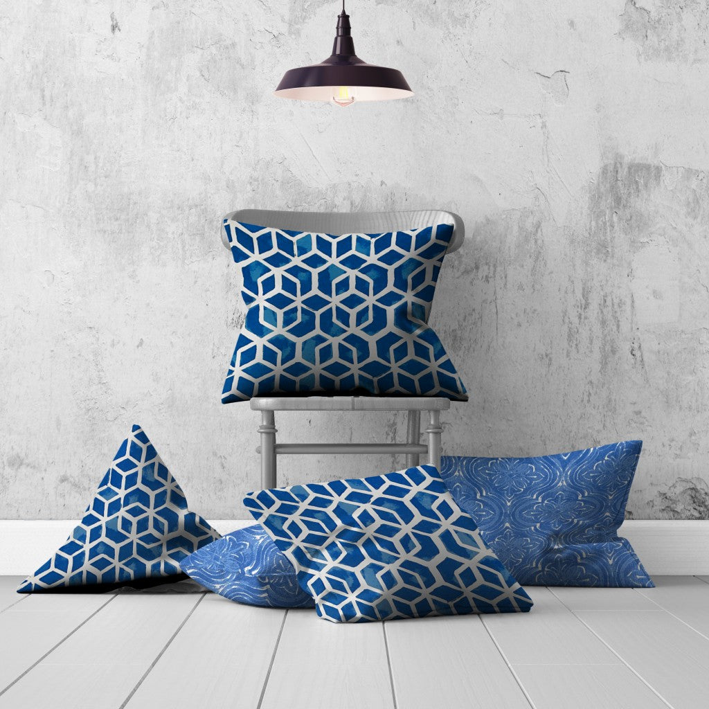 Set Of Three 20" X 20" Blue And White Enveloped Geometric Throw Indoor Outdoor Pillow