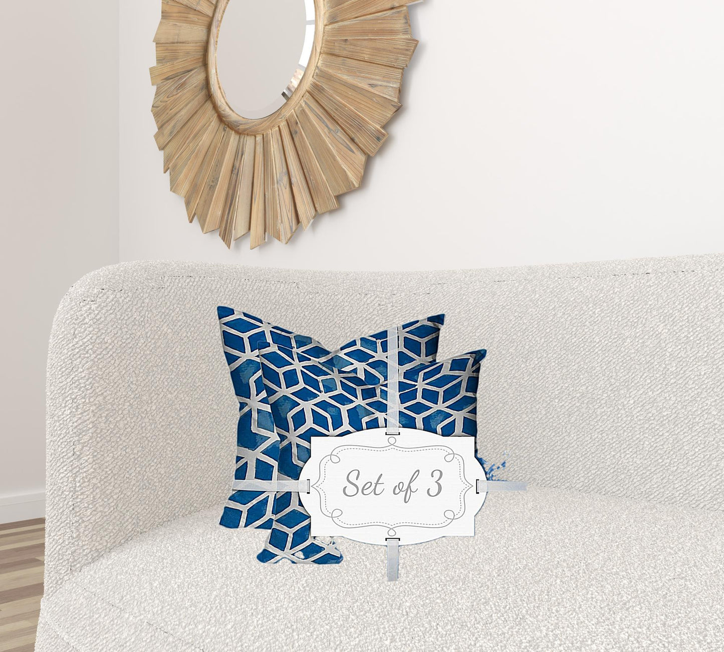 Set Of Three 20" X 20" Blue And White Enveloped Geometric Throw Indoor Outdoor Pillow