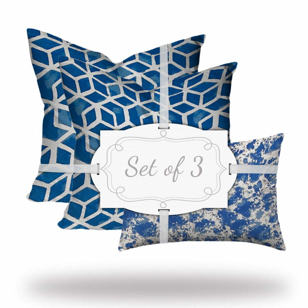 Set Of Three 20" X 20" Blue And White Blown Seam Geometric Throw Indoor Outdoor Pillow