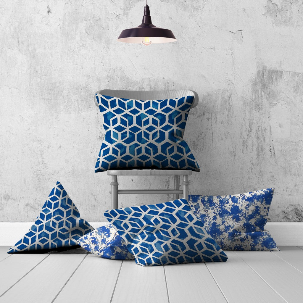 Set Of Three 20" X 20" Blue And White Blown Seam Geometric Throw Indoor Outdoor Pillow