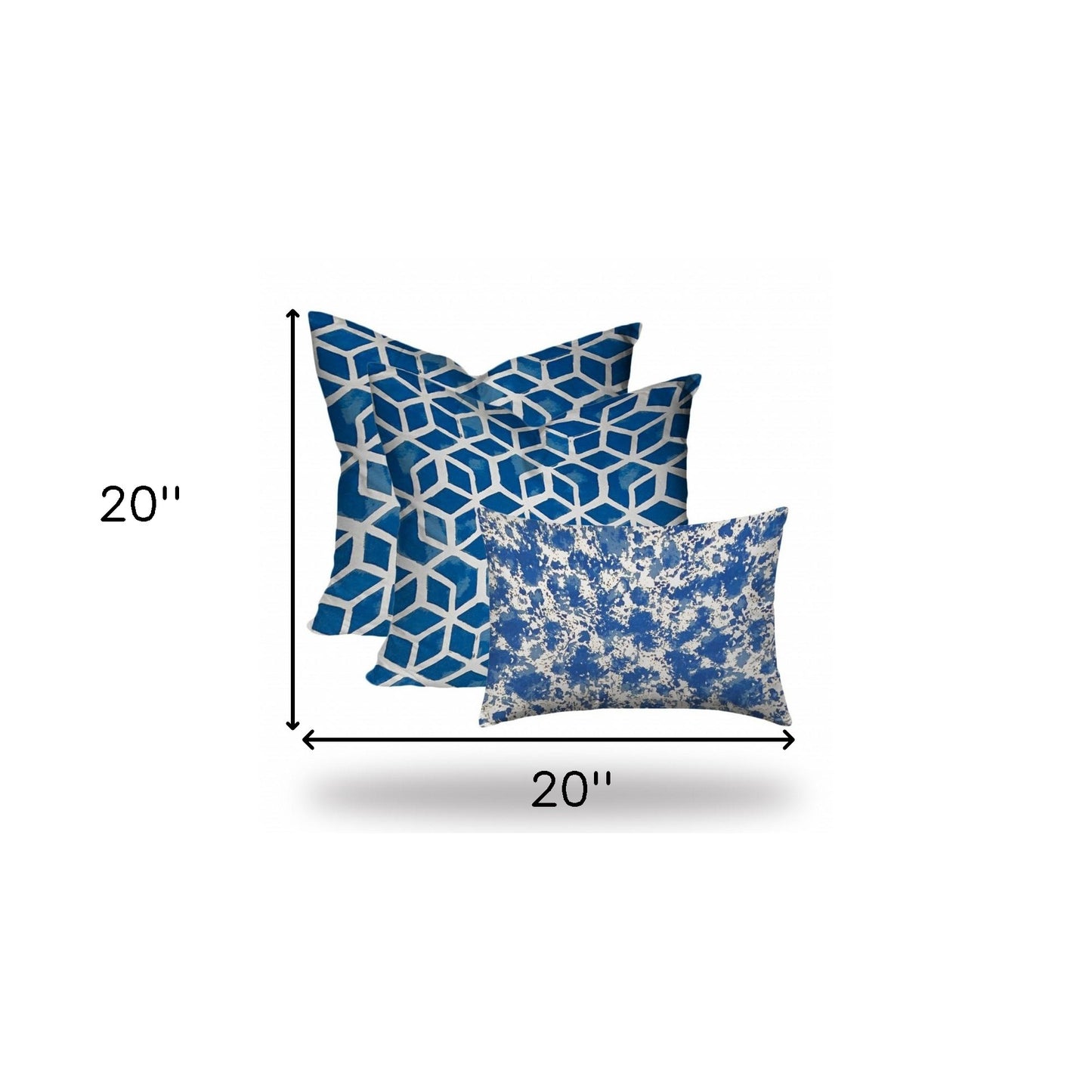 Set Of Three 20" X 20" Blue And White Blown Seam Geometric Throw Indoor Outdoor Pillow