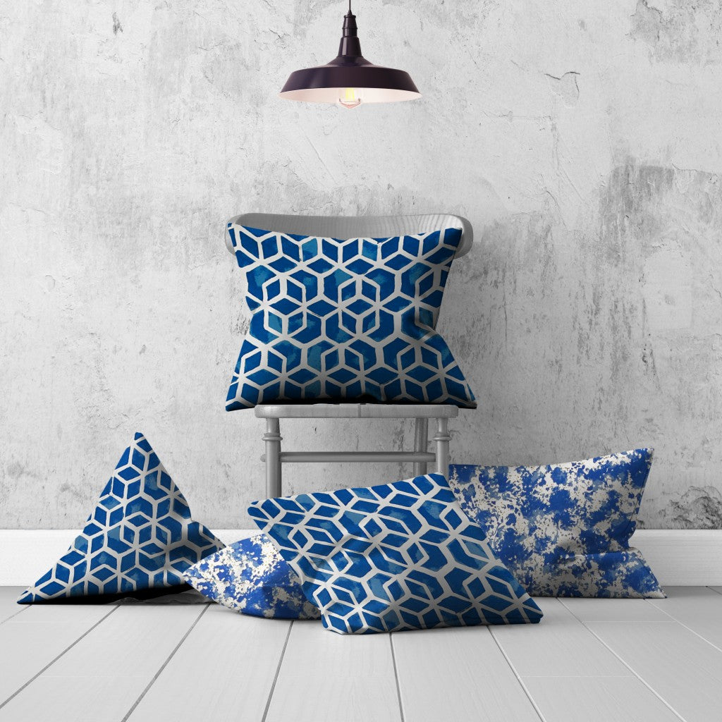 Set Of Three 20" X 20" Blue And White Enveloped Geometric Throw Indoor Outdoor Pillow Cover