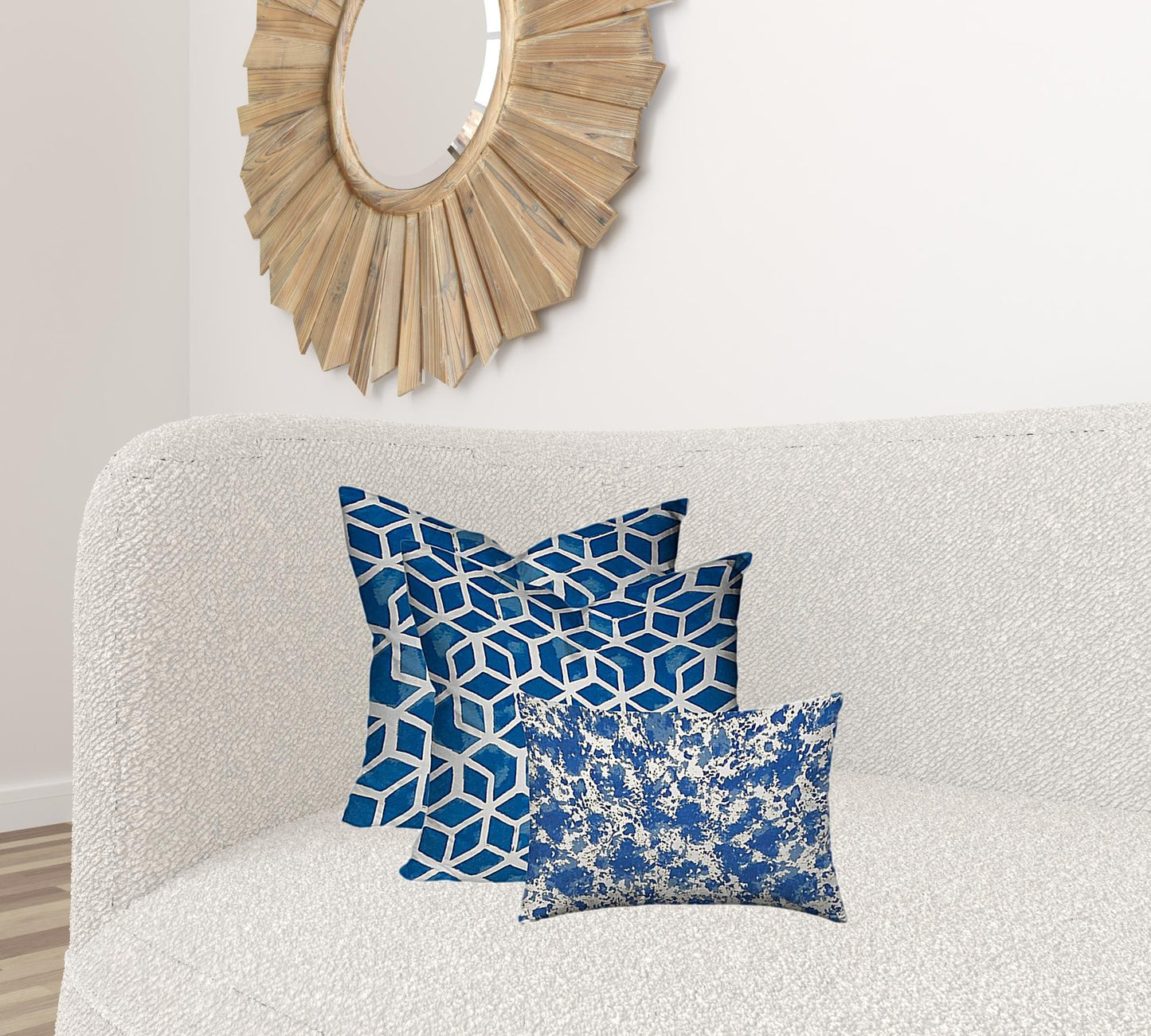 Set Of Three 20" X 20" Blue And White Enveloped Geometric Throw Indoor Outdoor Pillow Cover