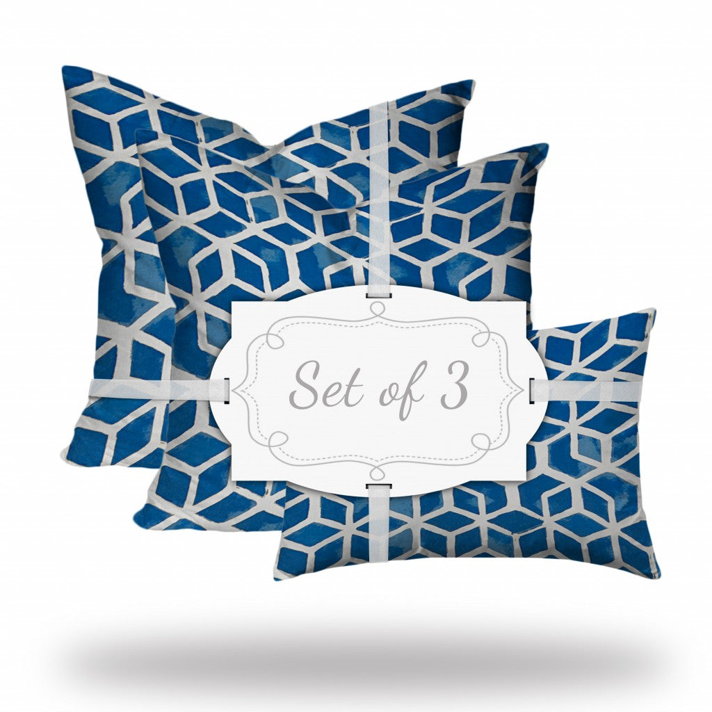 Set Of Three 20" X 20" Blue And White Blown Seam Geometric Throw Indoor Outdoor Pillow