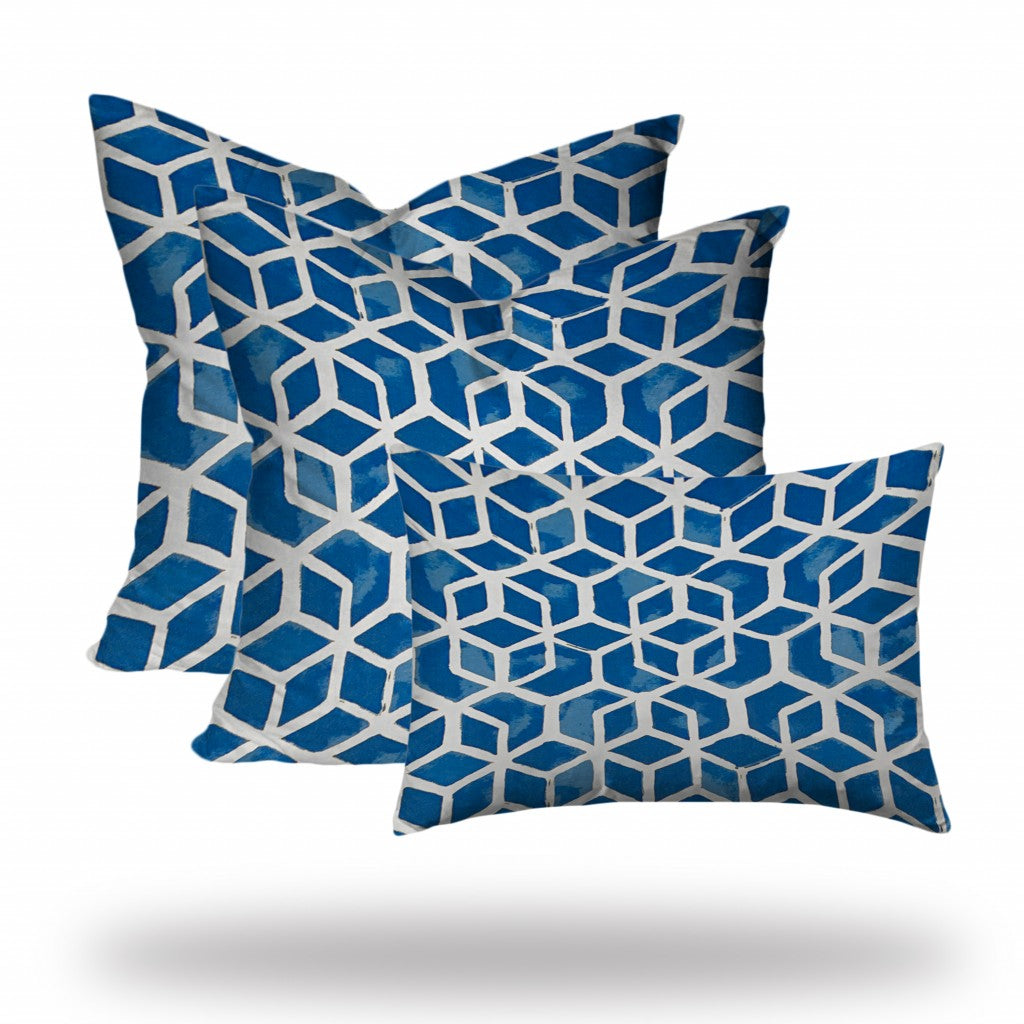 Set Of Three 20" X 20" Blue And White Enveloped Geometric Throw Indoor Outdoor Pillow