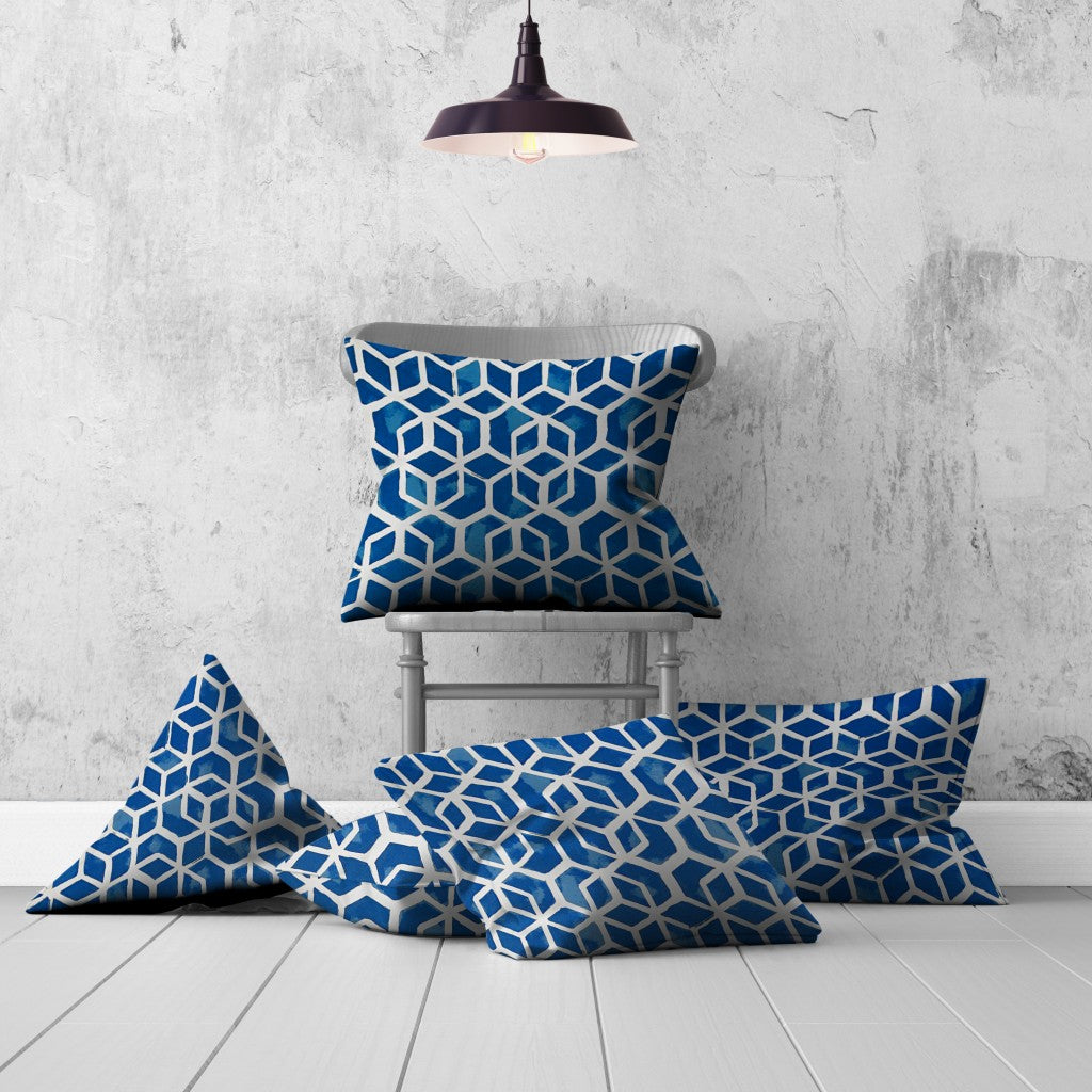 Set Of Three 20" X 20" Blue And White Enveloped Geometric Throw Indoor Outdoor Pillow