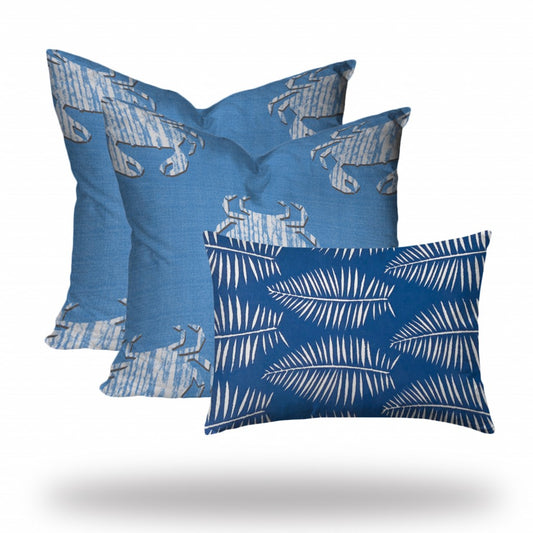 Set Of Three 20" X 20" Blue And White Crab Enveloped Coastal Throw Indoor Outdoor Pillow Cover