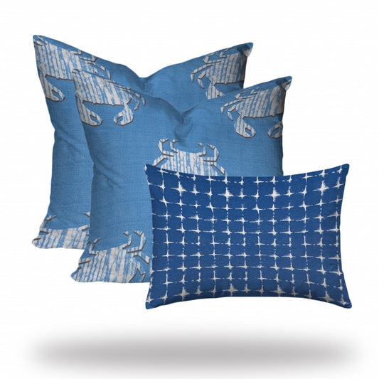 Set Of Three 20" X 20" Blue And White Crab Enveloped Coastal Throw Indoor Outdoor Pillow Cover