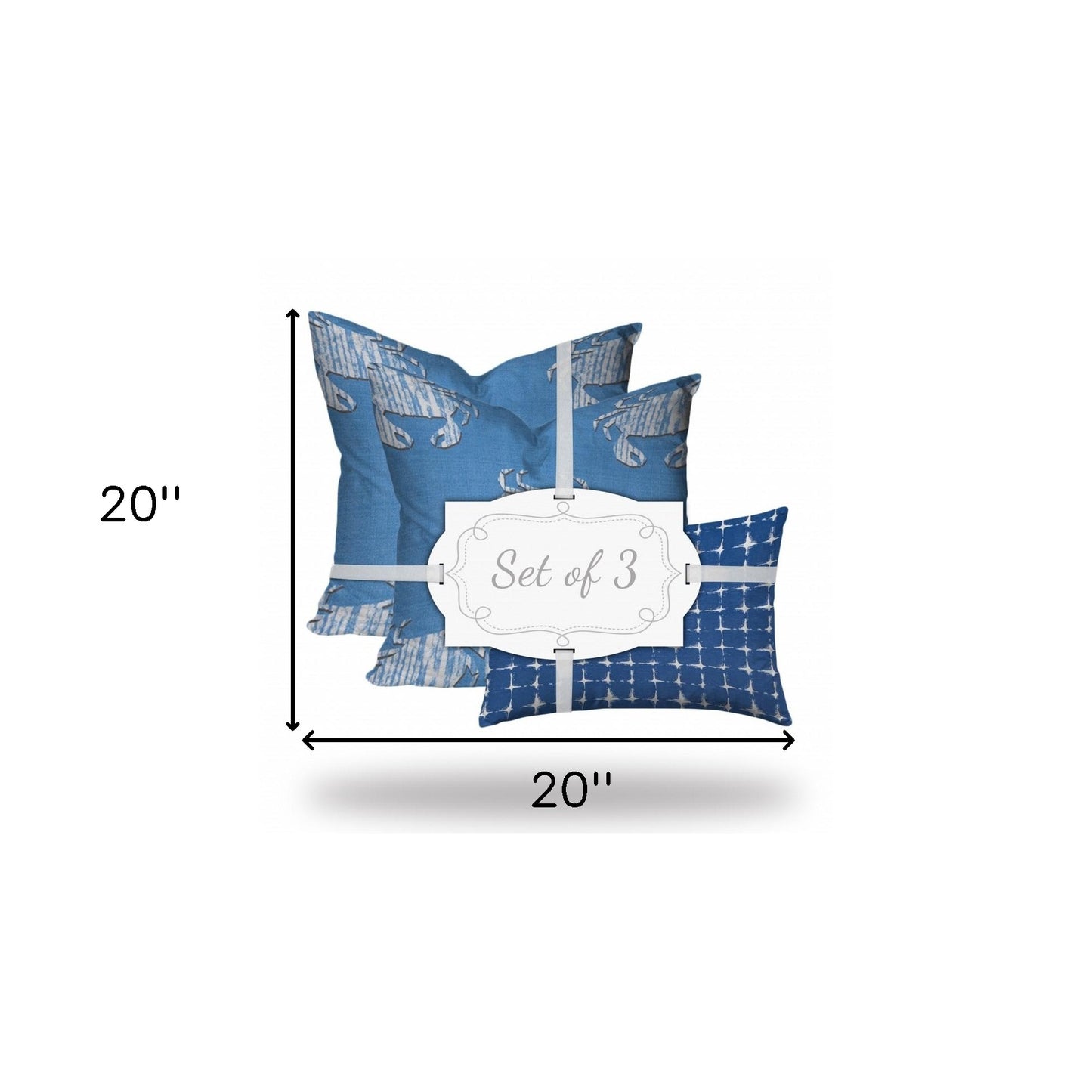 Set Of Three 20" X 20" Blue And White Crab Enveloped Coastal Throw Indoor Outdoor Pillow