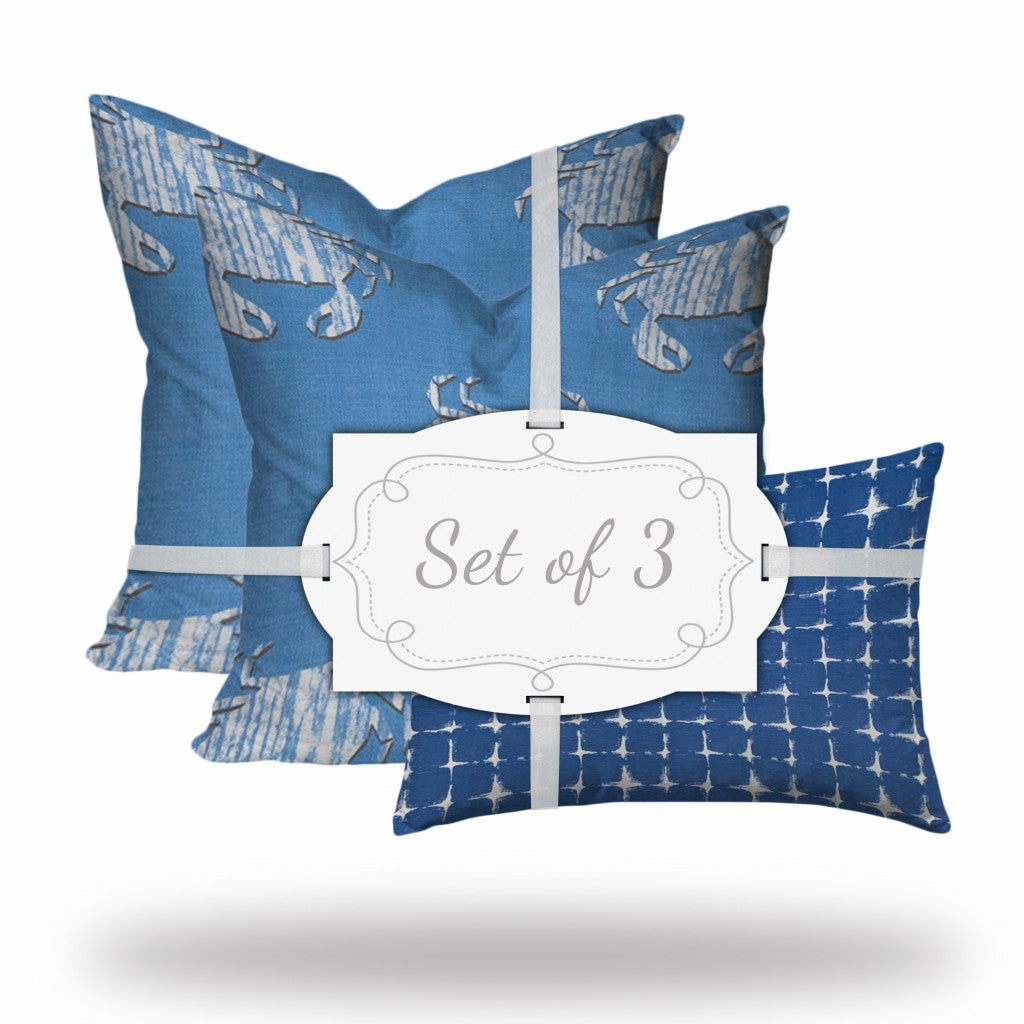 Set Of Three 20" X 20" Blue And White Crab Zippered Coastal Throw Indoor Outdoor Pillow