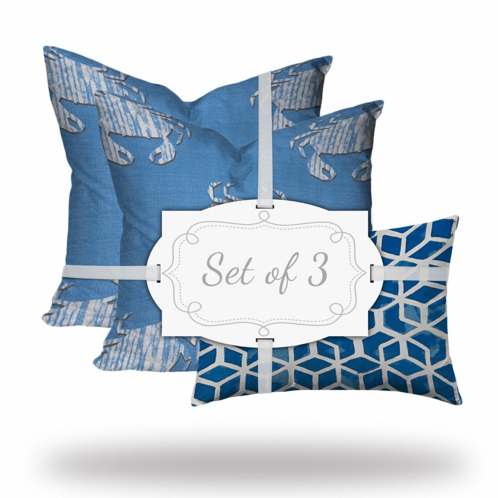 Set Of Three 20" X 20" Blue And White Crab Enveloped Coastal Throw Indoor Outdoor Pillow Cover