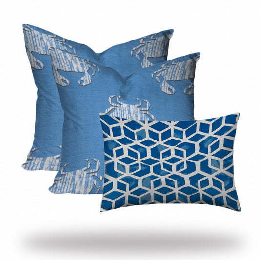 Set Of Three 20" X 20" Blue And White Crab Enveloped Coastal Throw Indoor Outdoor Pillow