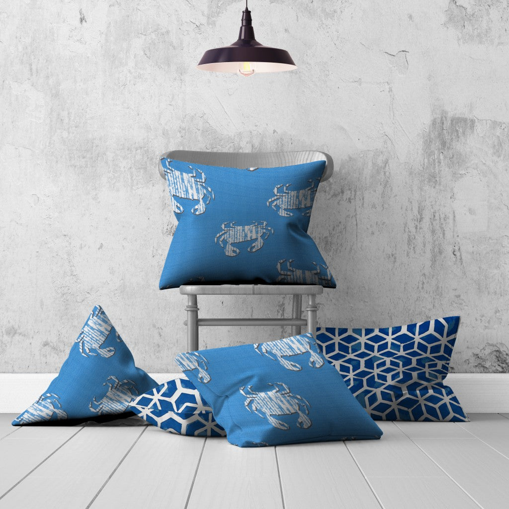 Set Of Three 20" X 20" Blue And White Crab Zippered Coastal Throw Indoor Outdoor Pillow