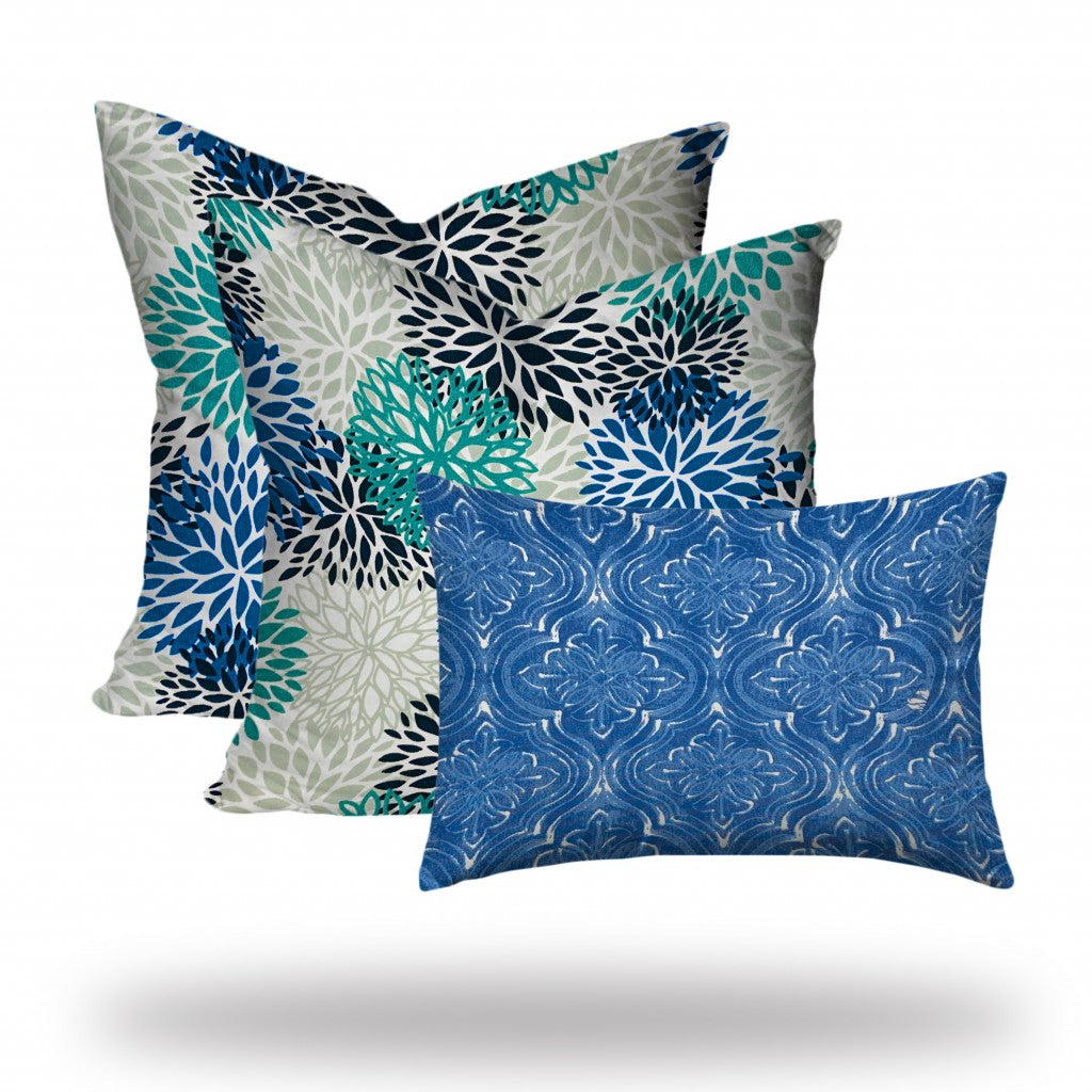 20" X 20" Blue And White Blown Seam Floral Throw Indoor Outdoor Pillow