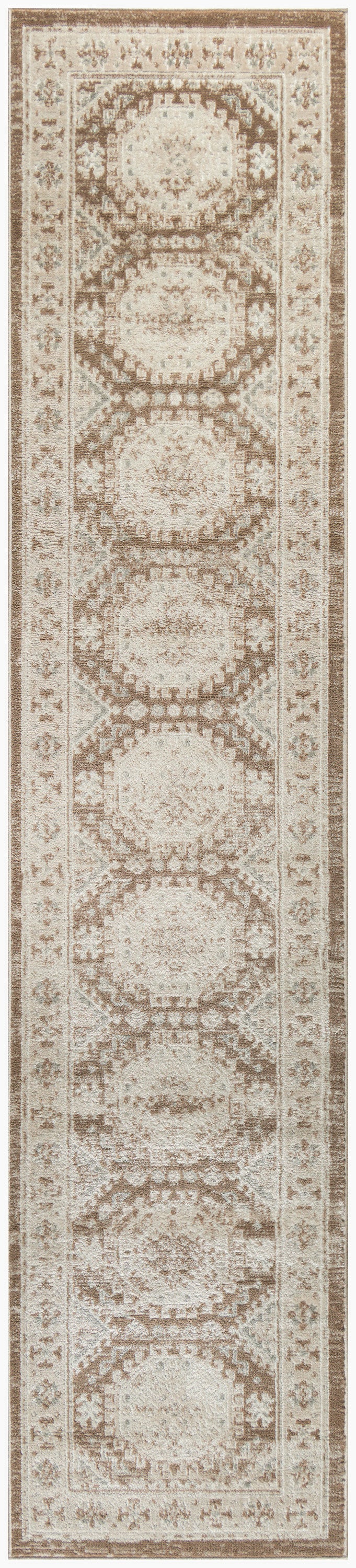Beige and brown oriental runner rug with five large circular medallions, distressed vintage style and ornate floral border.