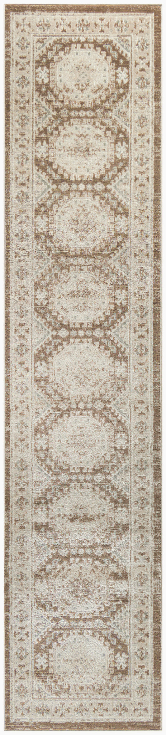 Beige and brown oriental runner rug with five large circular medallions, distressed vintage style and ornate floral border.