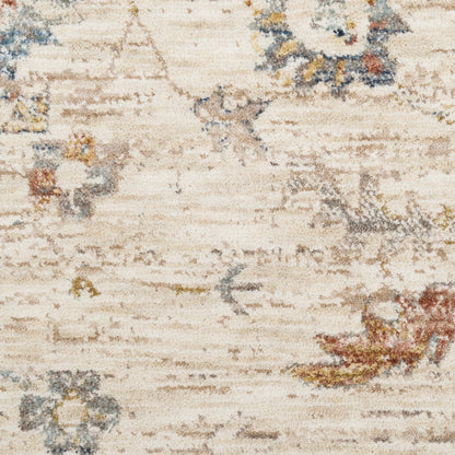 Rectangular cream area rug with a faded floral motif in blue, gray & rust tones; vintage distressed look.