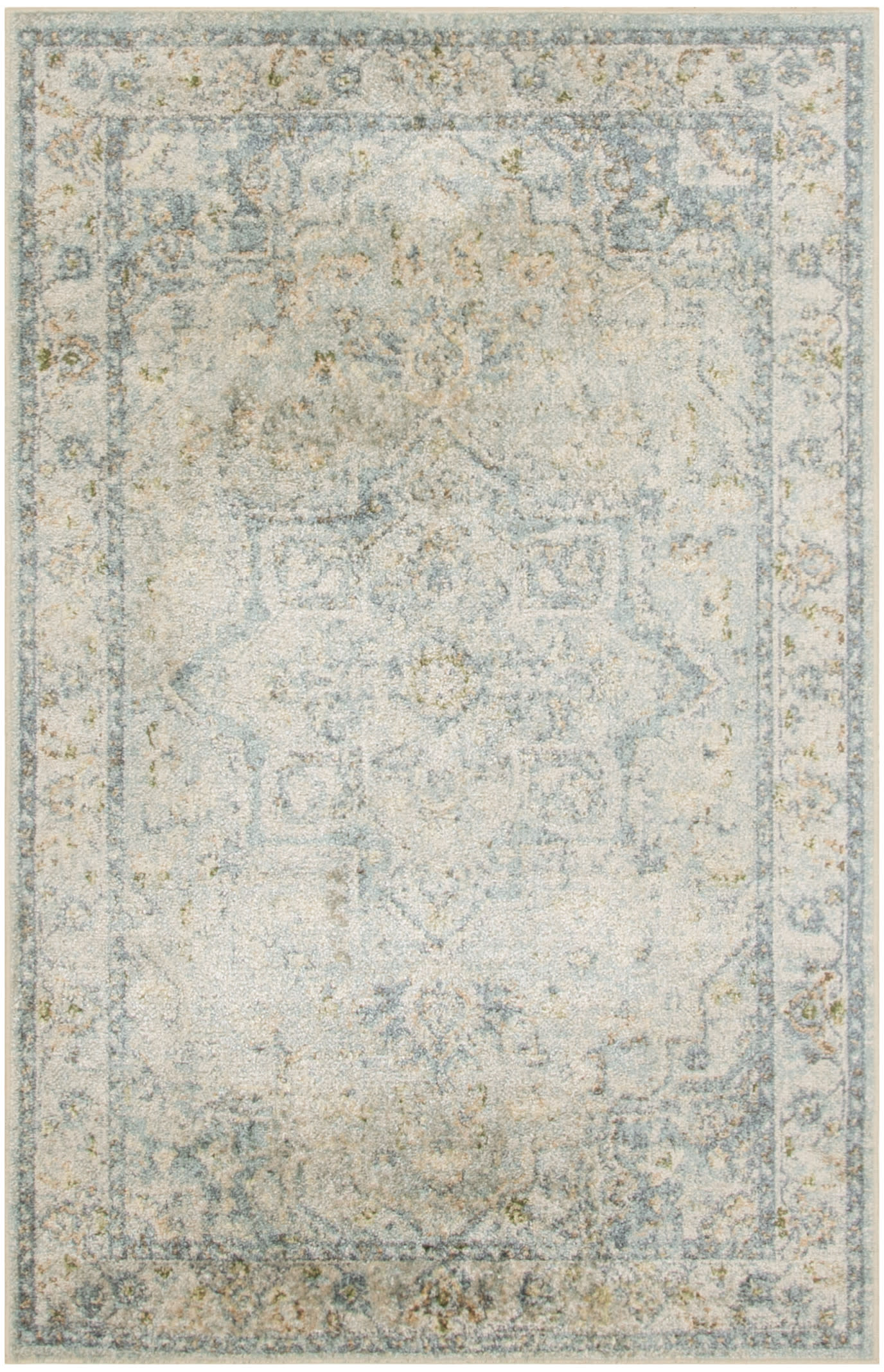 Faded blue-gray oriental-style rectangular area rug with a distressed central medallion and thin decorative border.