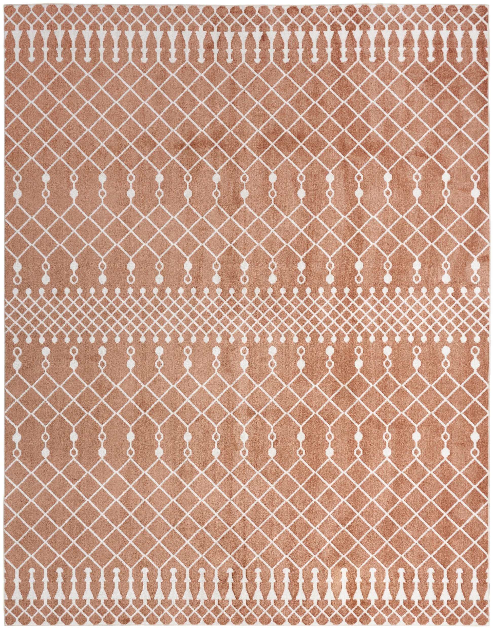 Terracotta textile with white diamond lattice and dot accents; versatile decorative rug or placemat.