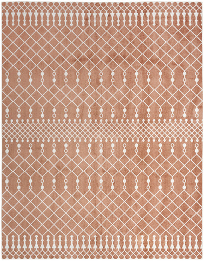 Terracotta textile with white diamond lattice and dot accents; versatile decorative rug or placemat.