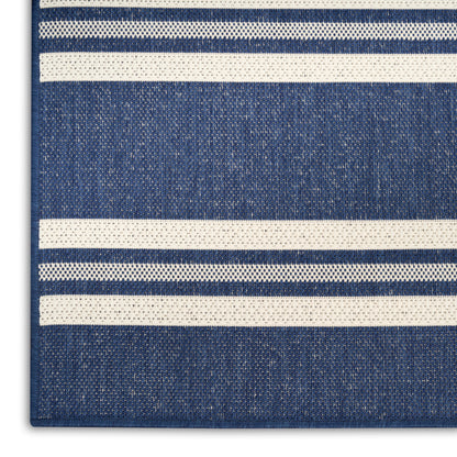 Close-up of blue denim fabric with white horizontal stripes; textured, casual striped textile.