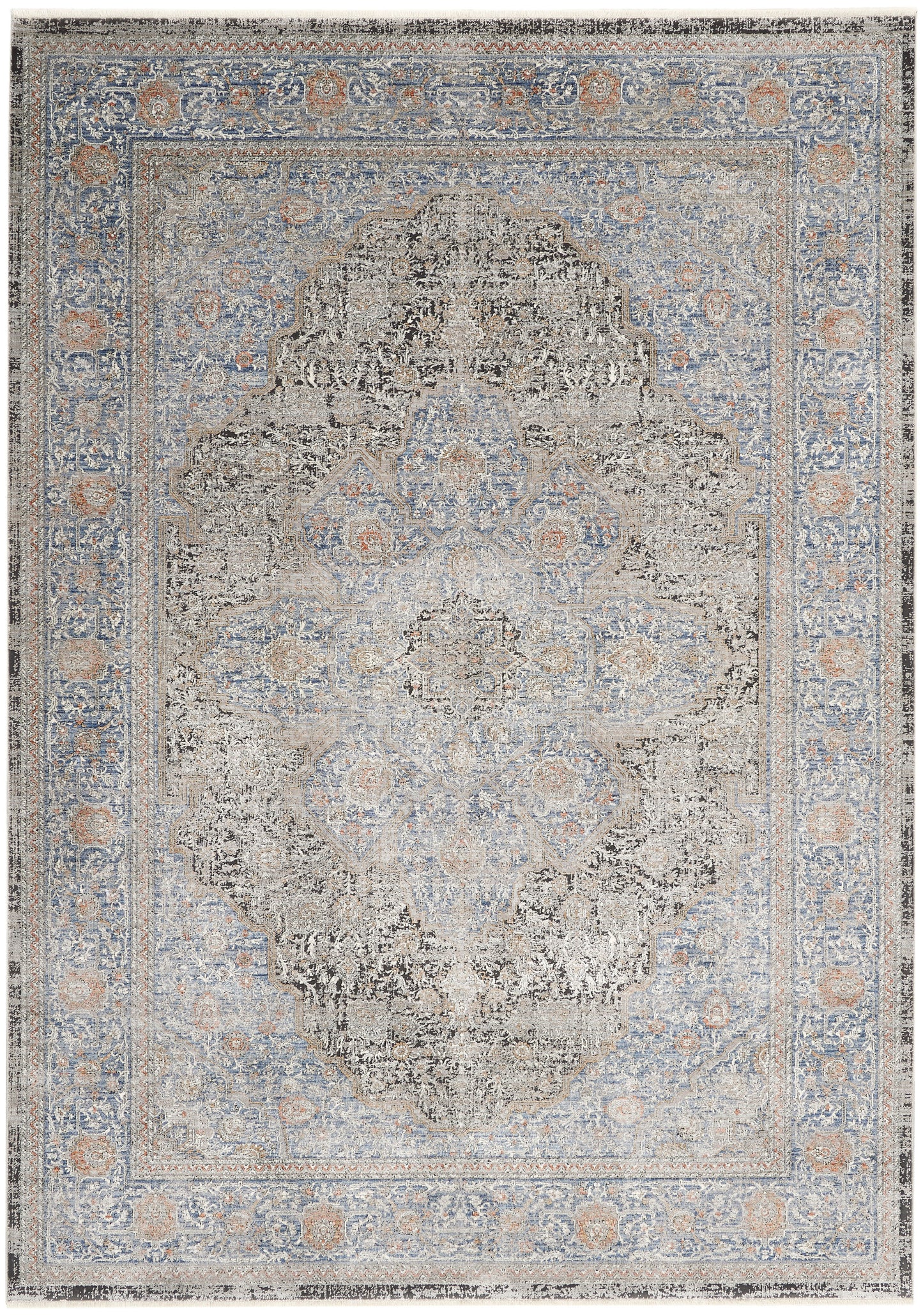 Distressed Persian-style area rug in blue and beige tones with a central medallion and ornate floral border.