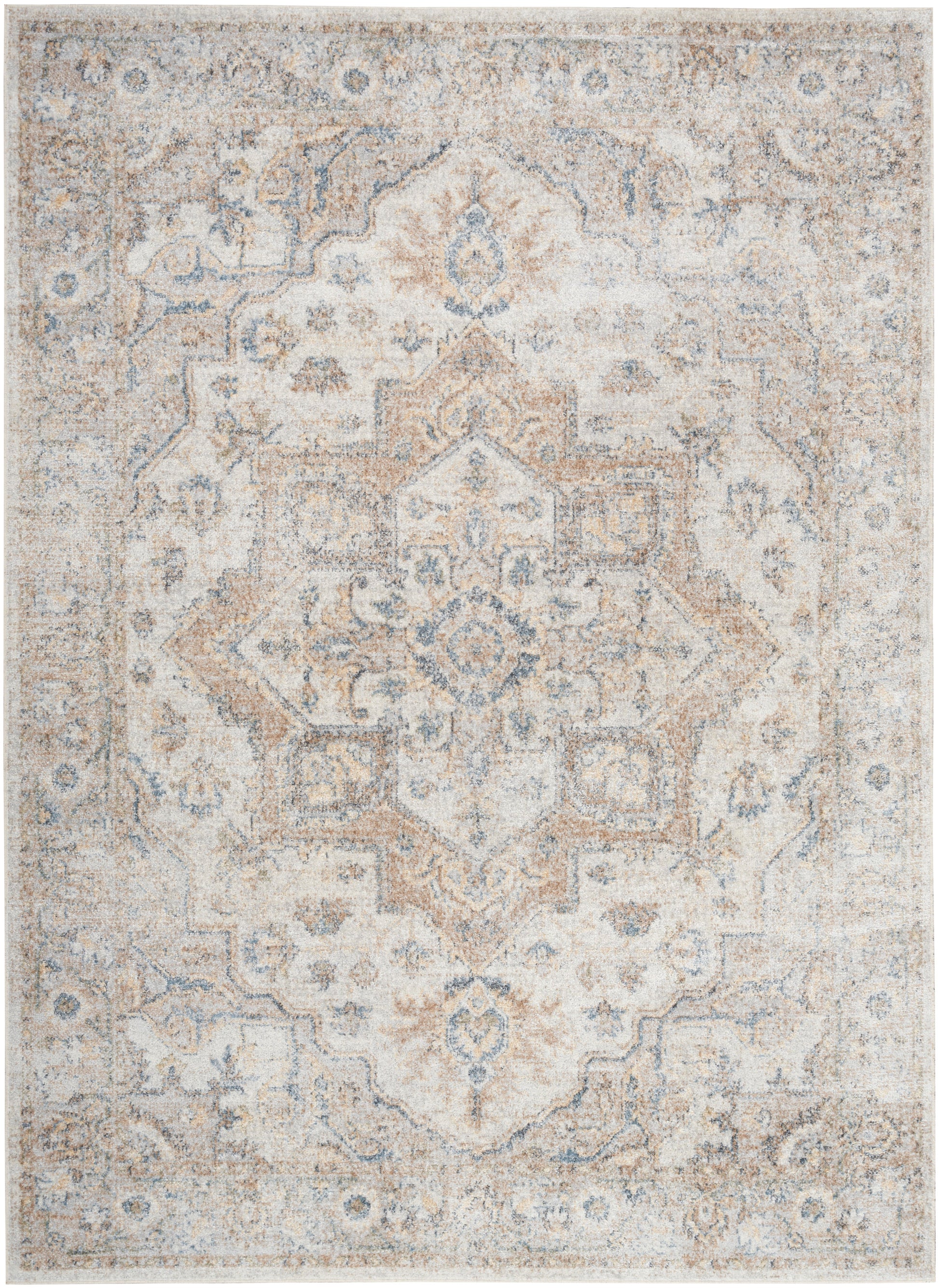 Rectangular distressed oriental area rug in ivory, beige and pale blue with a central medallion.