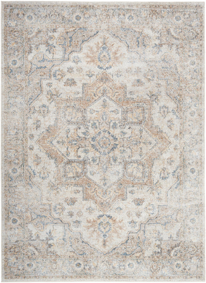 Rectangular distressed oriental area rug in ivory, beige and pale blue with a central medallion.