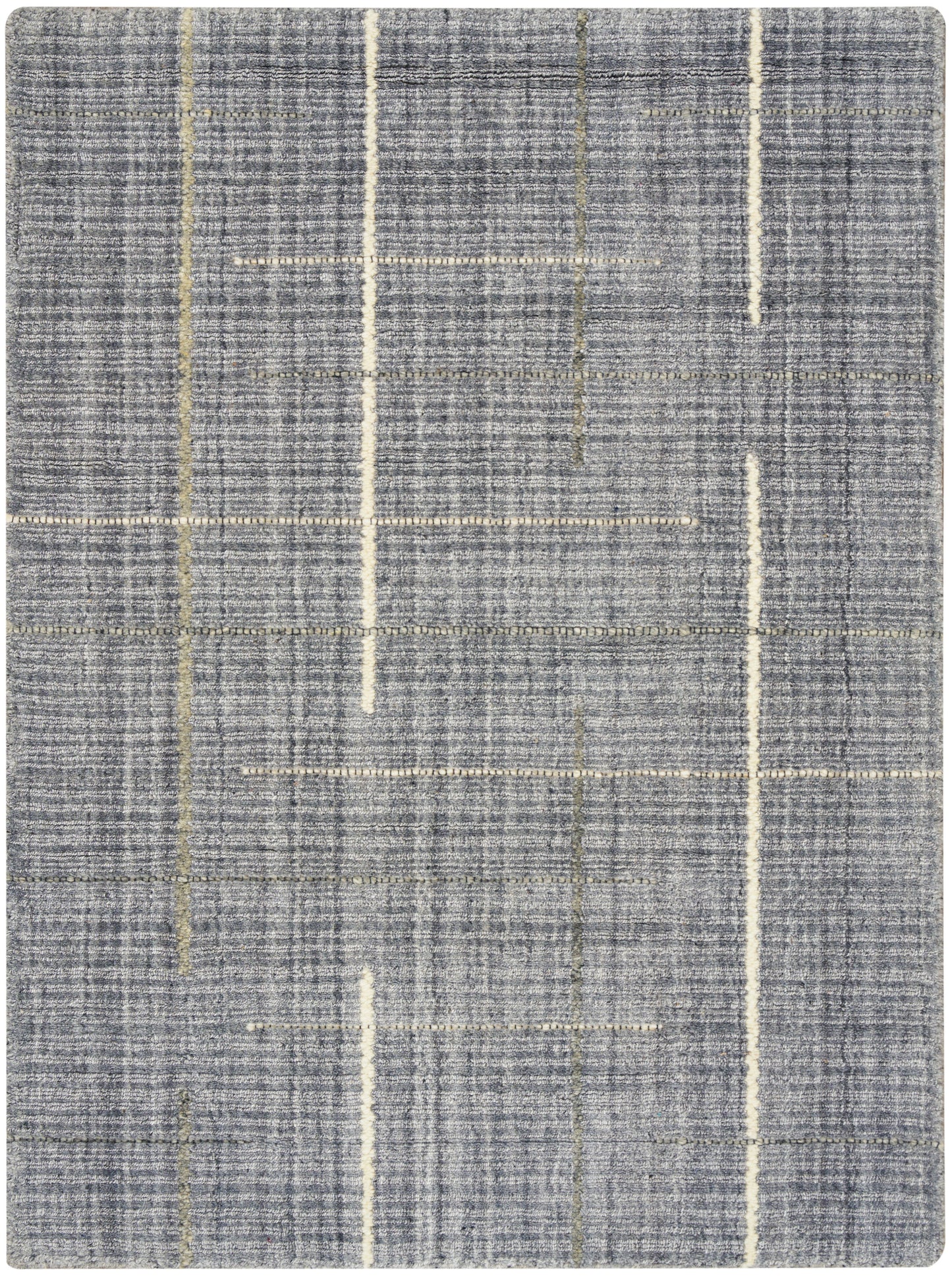 Gray woven area rug with white & gold linear grid; modern geometric style.