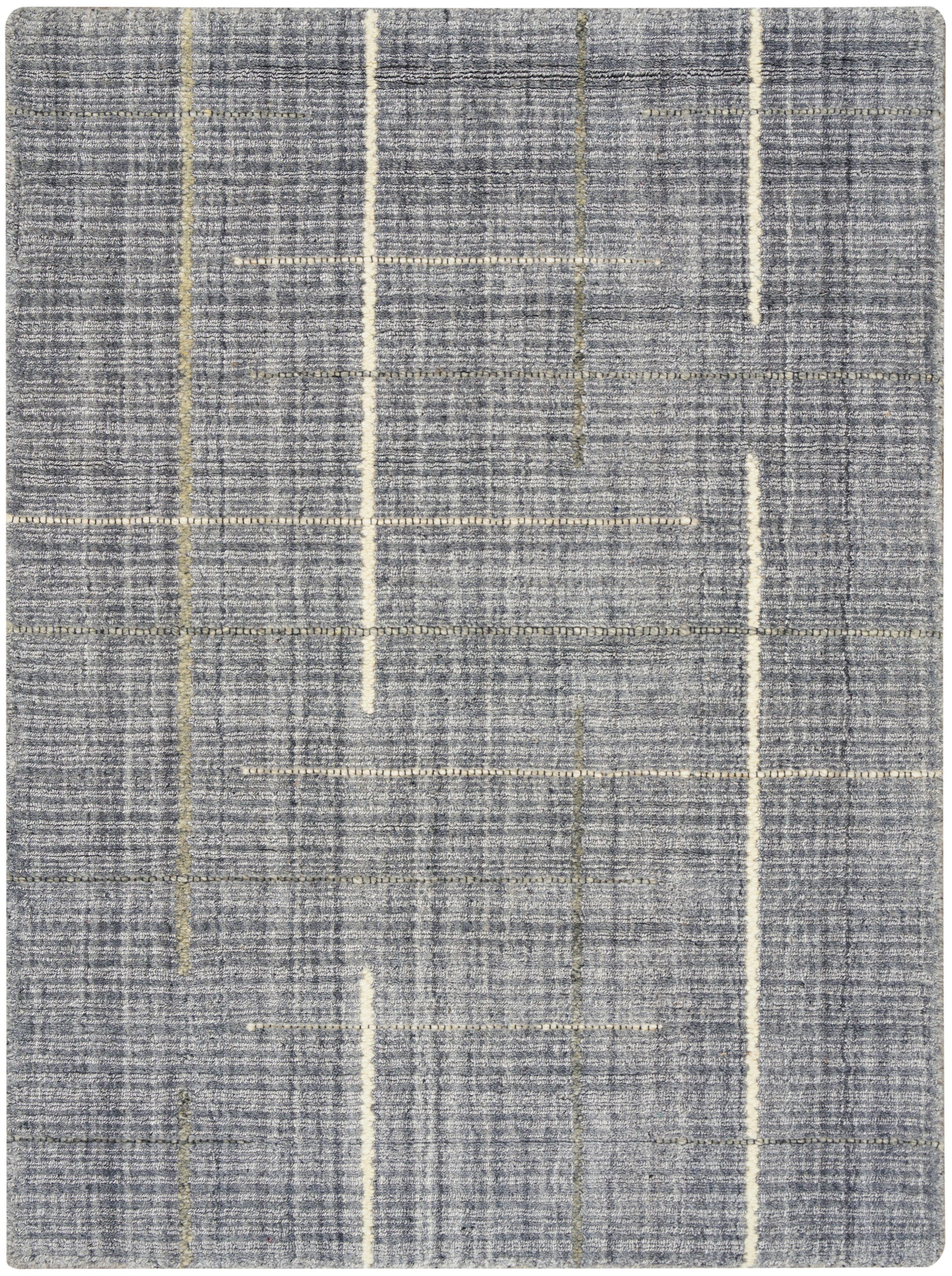 Gray woven area rug with white & gold linear grid; modern geometric style.