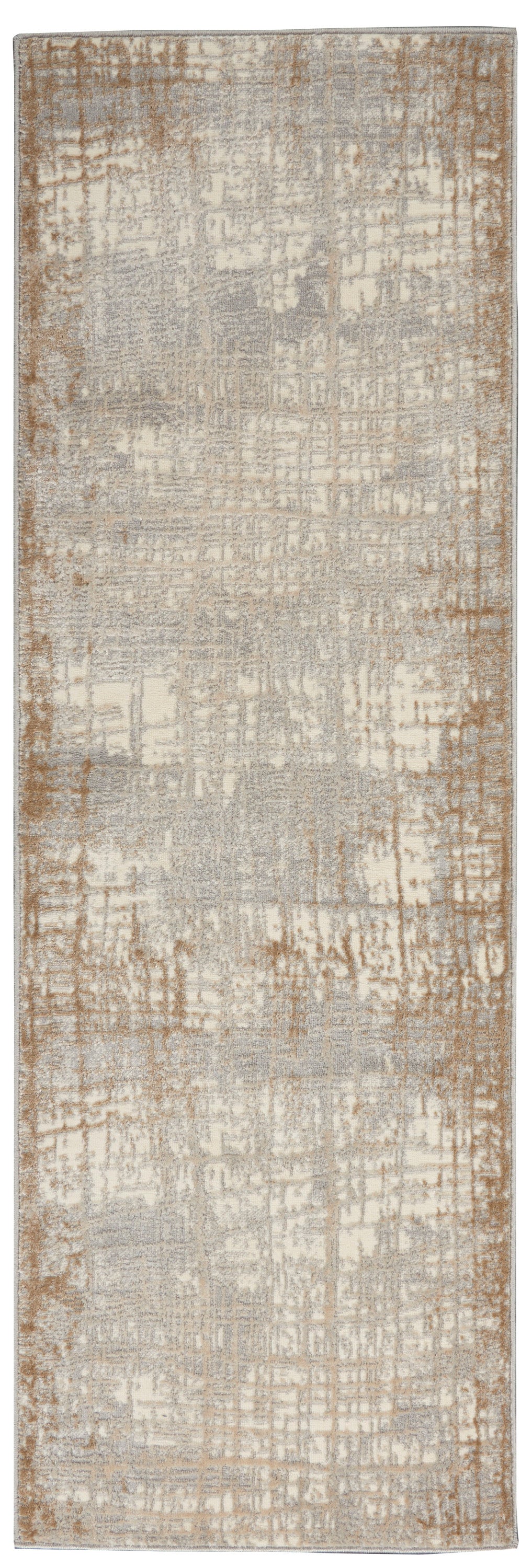 Neutral-toned abstract distressed runner rug in beige, gray and tan with brown border.