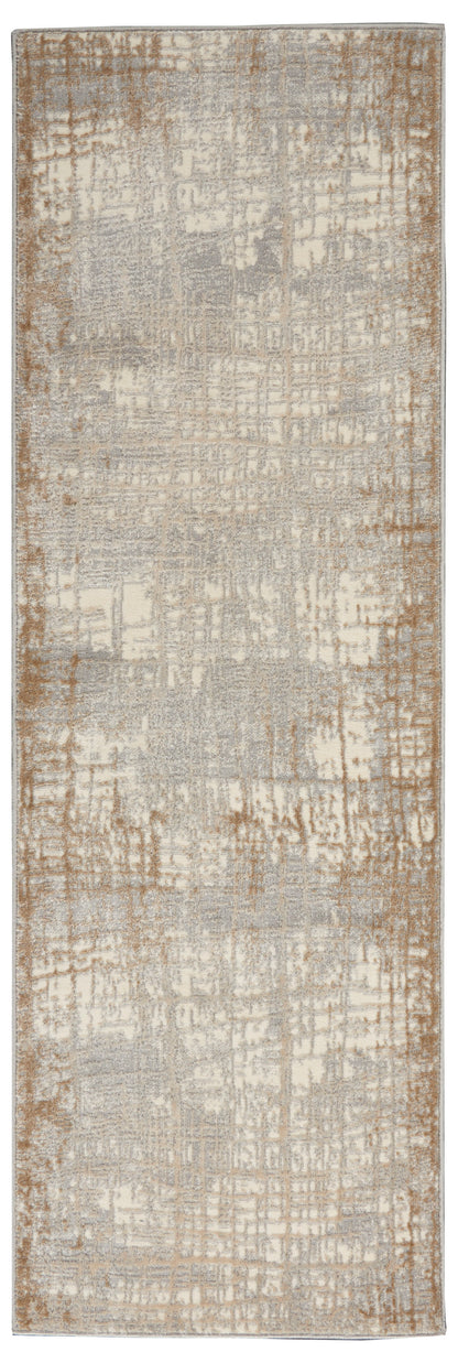 Neutral-toned abstract distressed runner rug in beige, gray and tan with brown border.