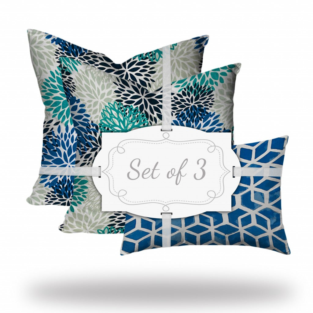 Set Of Three 20" X 20" Blue And White Enveloped Floral Throw Indoor Outdoor Pillow