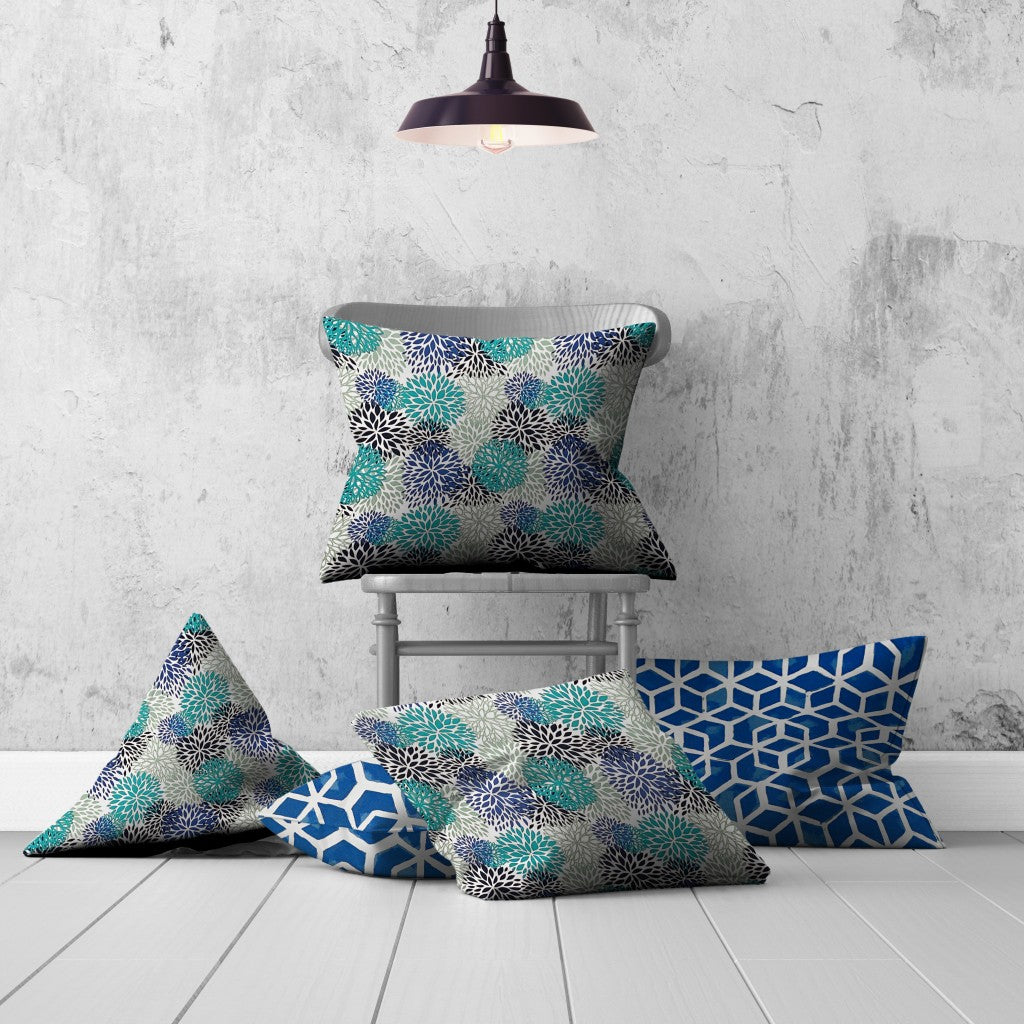 Set Of Three 20" X 20" Blue And White Enveloped Floral Throw Indoor Outdoor Pillow