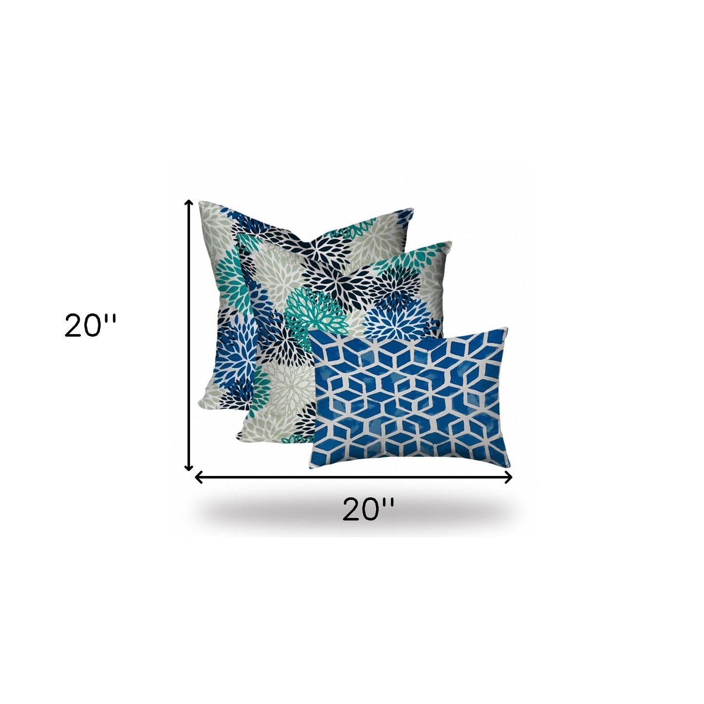 Set Of Three 20" X 20" Blue And White Enveloped Floral Throw Indoor Outdoor Pillow