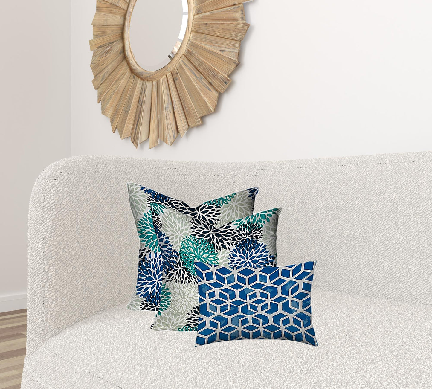 Set Of Three 20" X 20" Blue And White Enveloped Floral Throw Indoor Outdoor Pillow