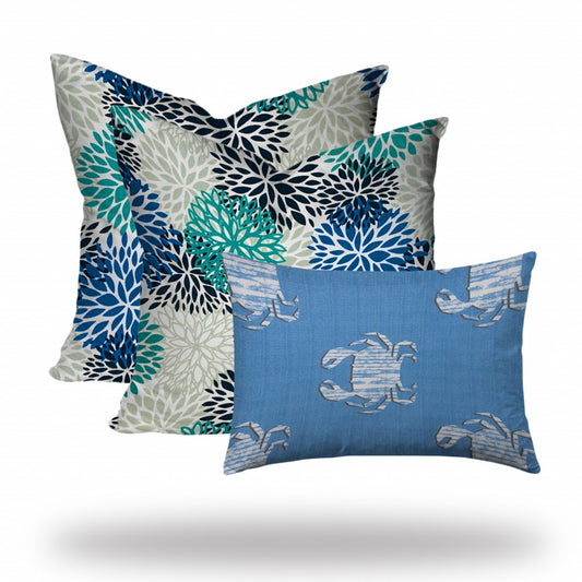 Set of 3 Blue Coastal Indoor Outdoor Zippered Pillows